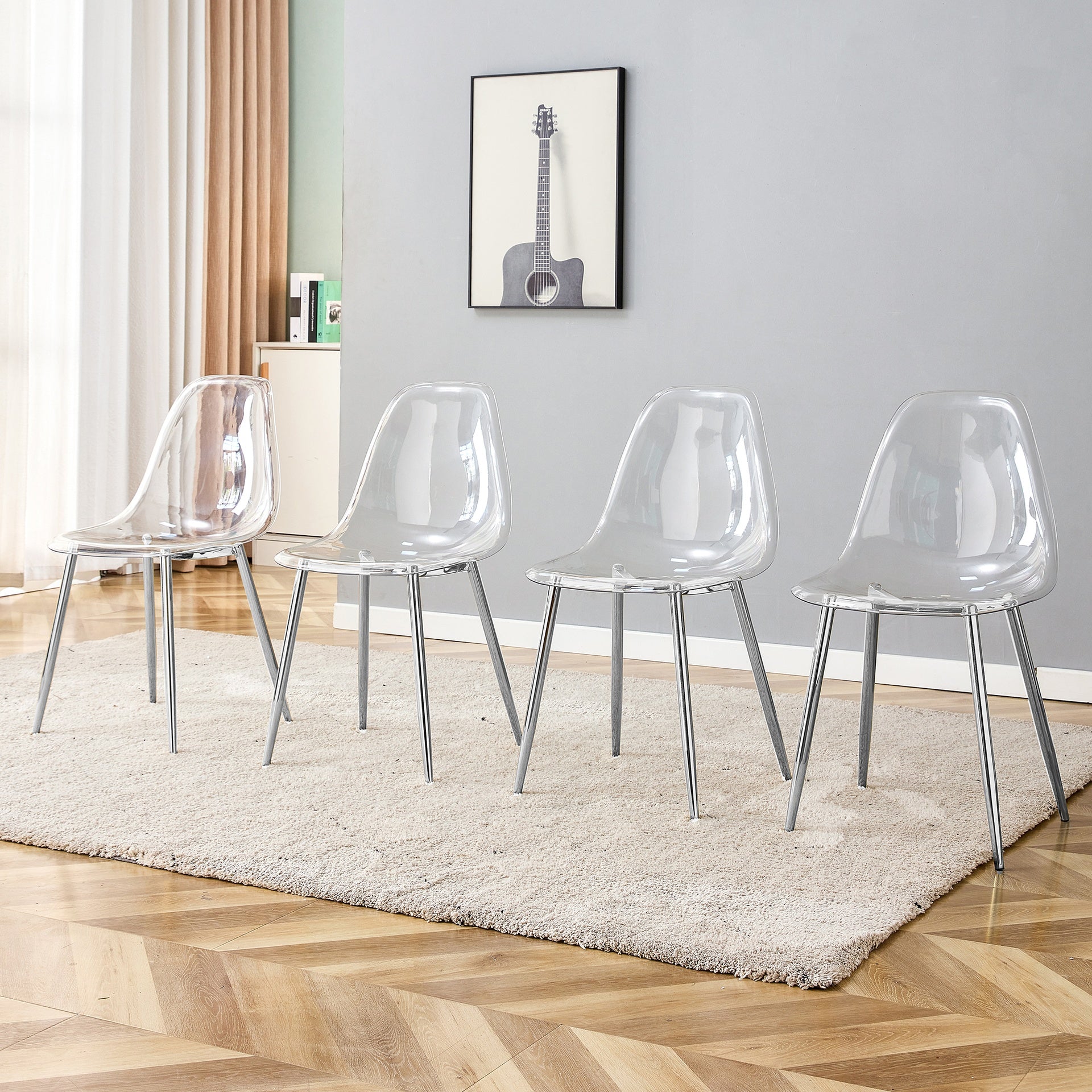Modern minimalist transparent dining chair, plastic chair, armless crystal chair, Nordic creative makeup stool, negotiation chair, silver plated metal leg 6-piece set, TW-1200