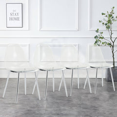 Modern minimalist transparent dining chair, plastic chair, armless crystal chair, Nordic creative makeup stool, negotiation chair, silver plated metal leg 6-piece set, TW-1200