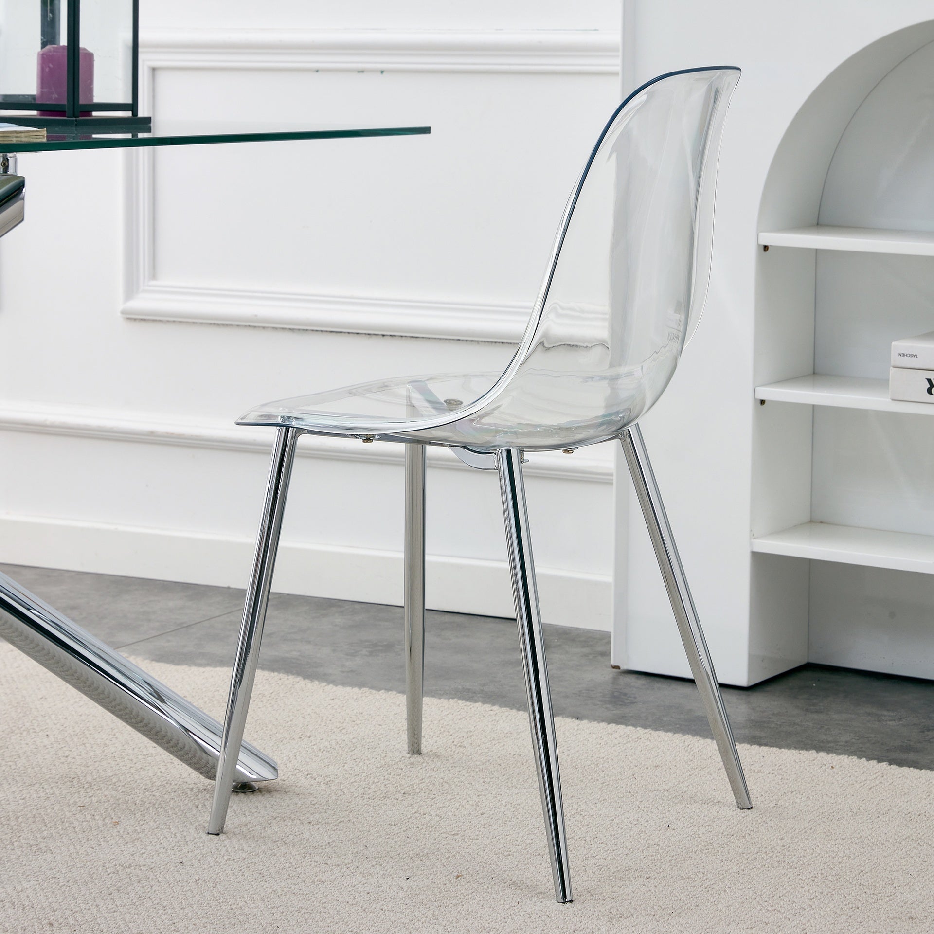 Modern minimalist transparent dining chair, plastic chair, armless crystal chair, Nordic creative makeup stool, negotiation chair, silver plated metal leg 6-piece set, TW-1200
