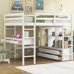 Full Size Loft Bed with Built-in Desk with Two Drawers, and Storage Shelves and Drawers,White