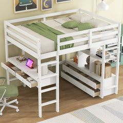 Full Size Loft Bed with Built-in Desk with Two Drawers, and Storage Shelves and Drawers,White