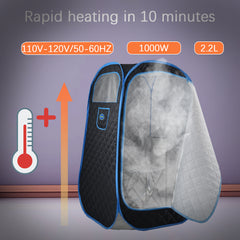 Portable Folding Full size Steam Sauna with 1000W&2.2L steam Generator. Personal Sauna Tent for Relaxation & Spa at home. Fast heating. Folding Steel Rim, it's easy to install, with FCC certification.