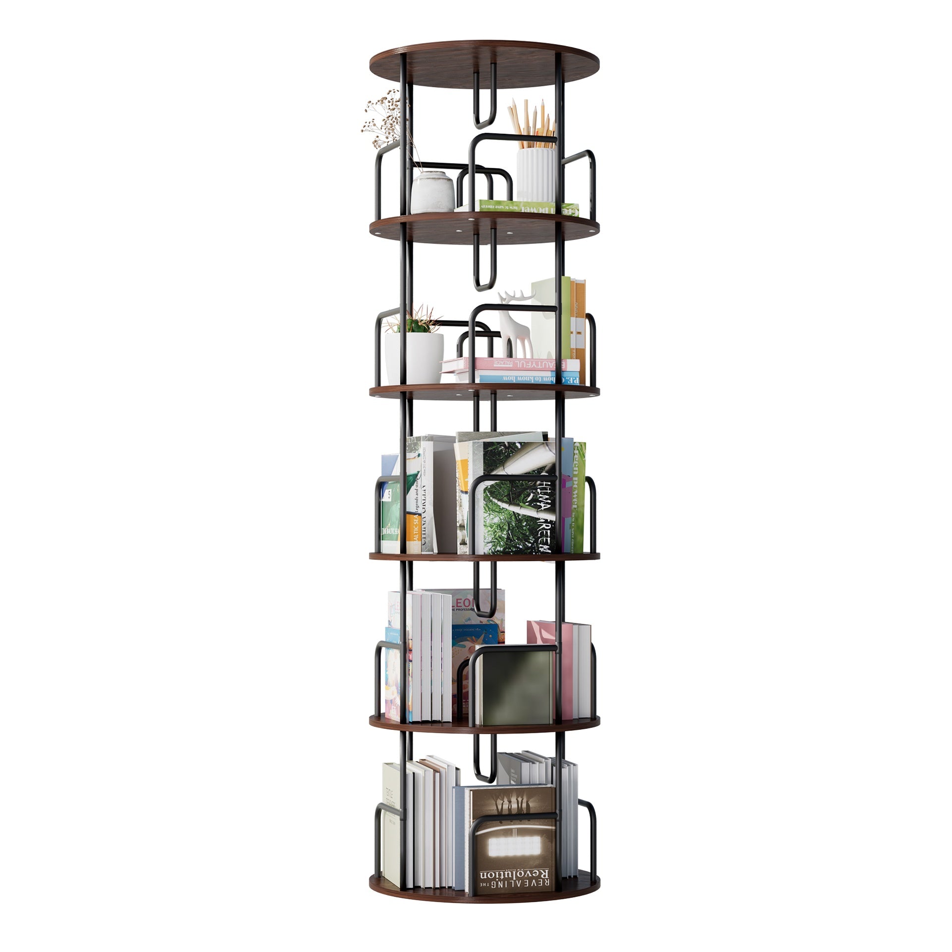 Rotating Bookshelf Tower 5 Tier, Spinning Bookcase, Revolving 360 Book Shelf Narrow Tall Bookcase, Vertical Turning Round storage Bookshelf, Book Shelf Organizer for Bedroom, Living Room, Brown