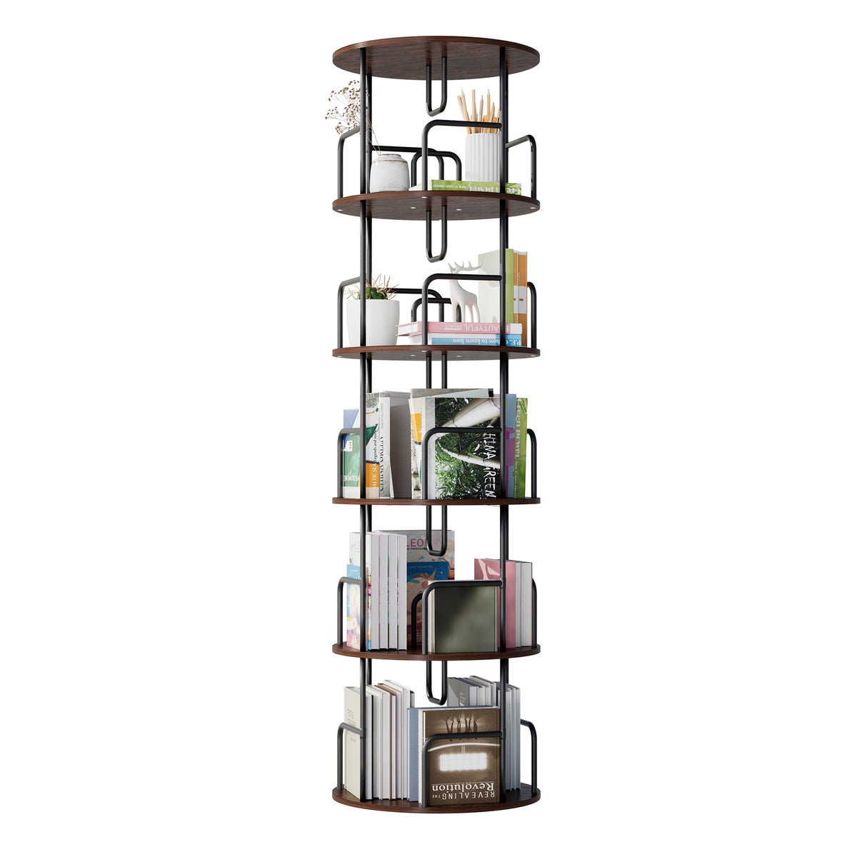 Rotating Bookshelf Tower 5 Tier, Spinning Bookcase, Revolving 360 Book Shelf Narrow Tall Bookcase, Vertical Turning Round storage Bookshelf, Book Shelf Organizer for Bedroom, Living Room, Brown