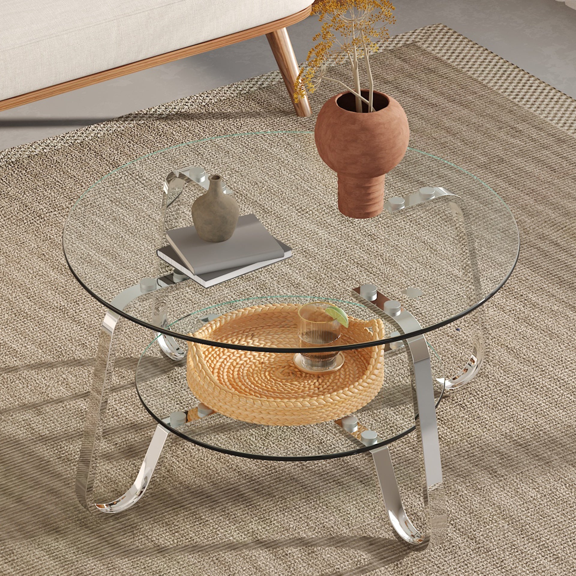 Retro minimalist style metal frame double-layer tempered glass coffee table, size 31.5 * 31.5 * 17.7 inches, adding a touch of elegance to your living room