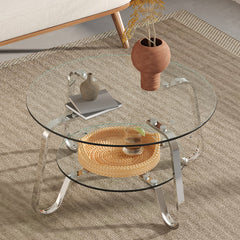 Retro minimalist style metal frame double-layer tempered glass coffee table, size 31.5 * 31.5 * 17.7 inches, adding a touch of elegance to your living room
