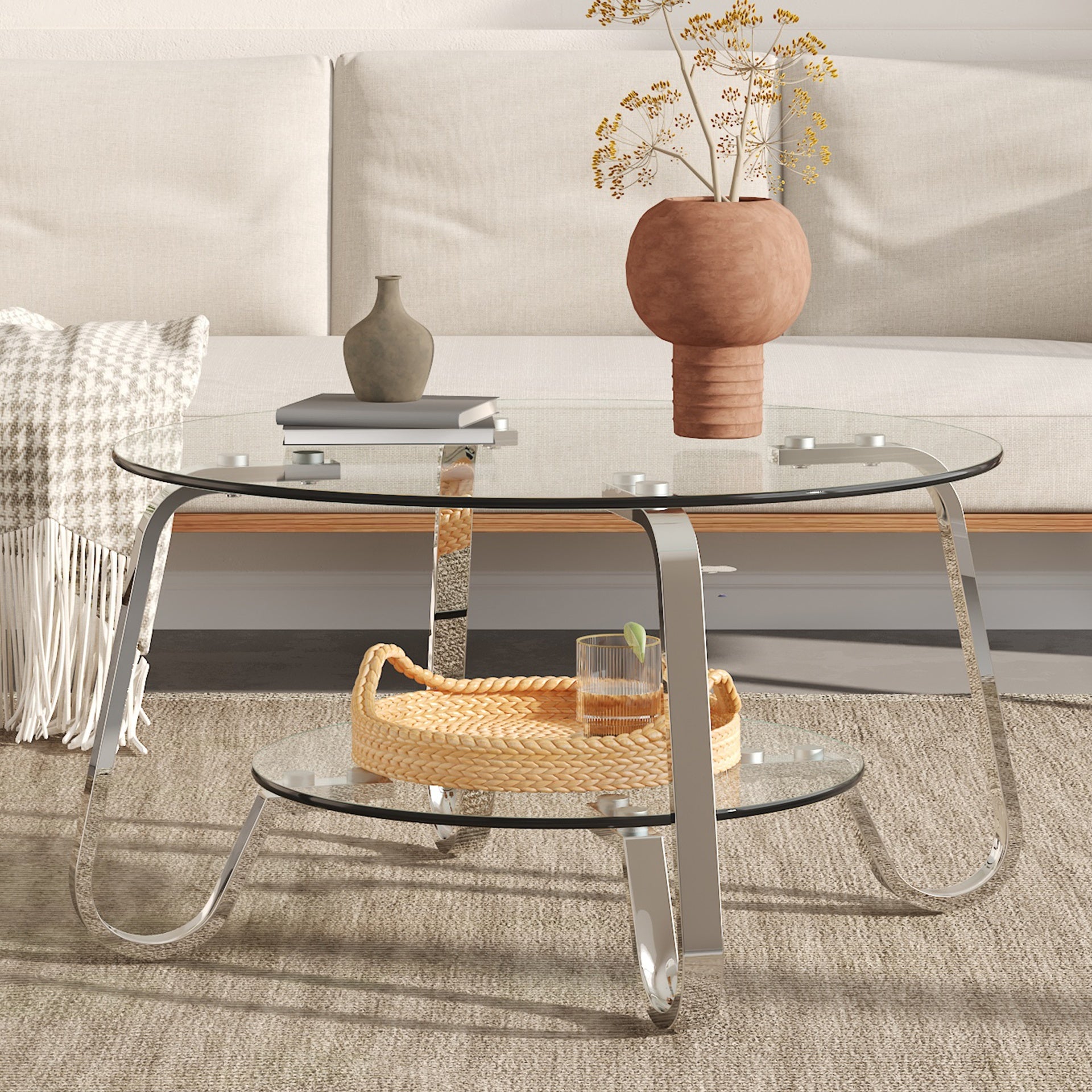 Retro minimalist style metal frame double-layer tempered glass coffee table, size 31.5 * 31.5 * 17.7 inches, adding a touch of elegance to your living room