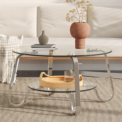 Retro minimalist style metal frame double-layer tempered glass coffee table, size 31.5 * 31.5 * 17.7 inches, adding a touch of elegance to your living room