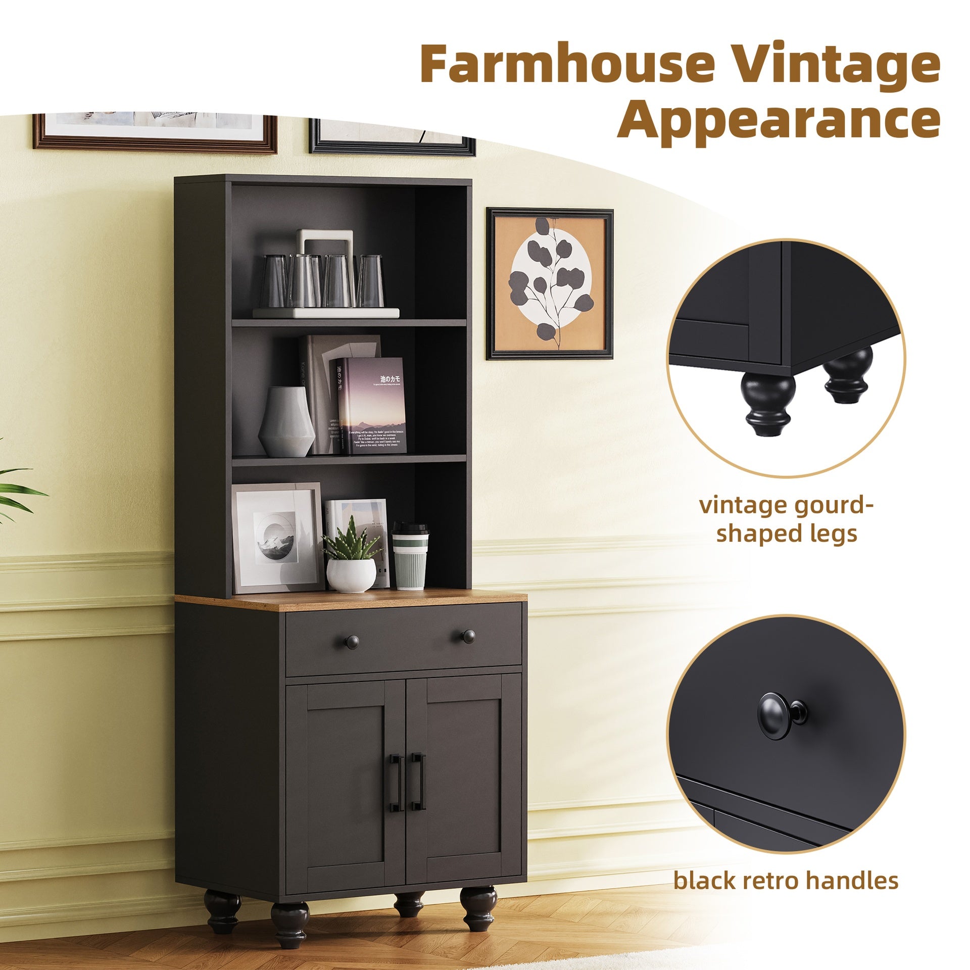 ON-TREND Farmhouse Storage Cabinet with 4 Solid Wood Gourd-Shaped Legs, Modern Kitchen Pantry Cabinet with Adjustable Shelves, 5 Tier Bookshelf with Drawer for Living Room, Black