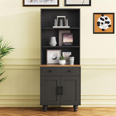 ON-TREND Farmhouse Storage Cabinet with 4 Solid Wood Gourd-Shaped Legs, Modern Kitchen Pantry Cabinet with Adjustable Shelves, 5 Tier Bookshelf with Drawer for Living Room, Black
