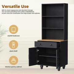 ON-TREND Farmhouse Storage Cabinet with 4 Solid Wood Gourd-Shaped Legs, Modern Kitchen Pantry Cabinet with Adjustable Shelves, 5 Tier Bookshelf with Drawer for Living Room, Black