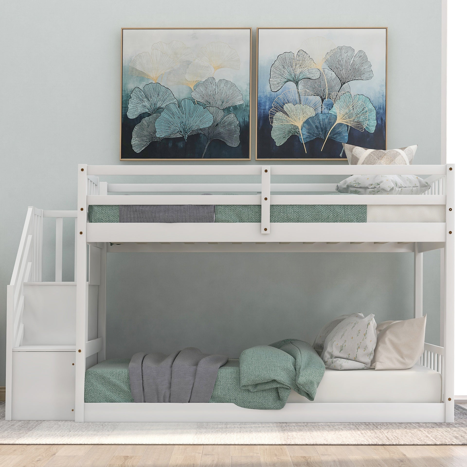 Twin over Twin Floor Bunk Bed, Ladder with Storage, White