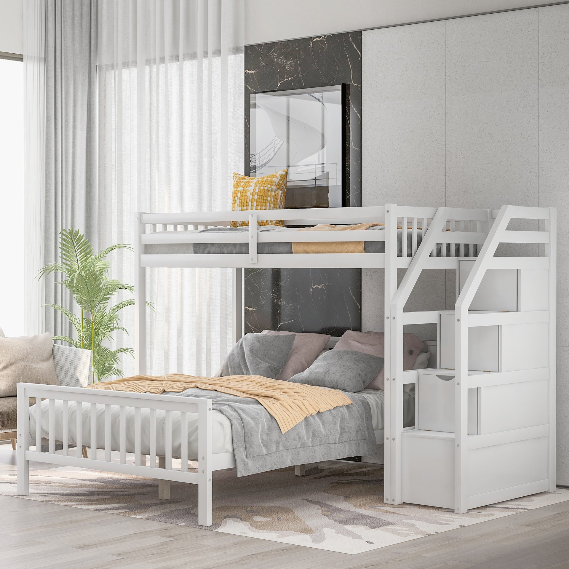 Twin over Full Loft Bed with Staircase,White(OLD SKU:SM000107AAK)