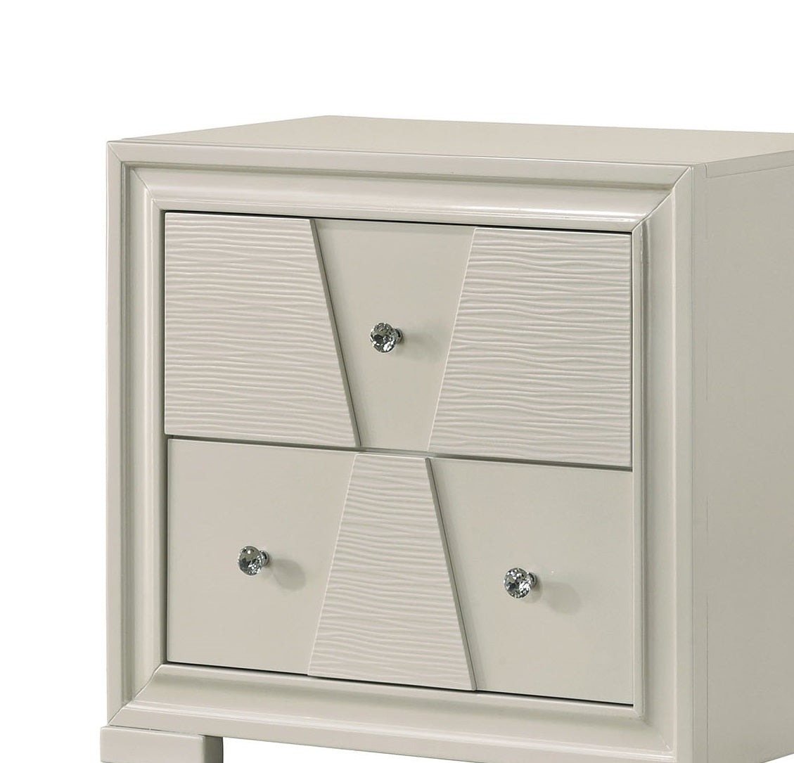 Textured Trapezoid Front Panels Nightstand English Dovetail Drawers Round Knobs Central Metal Glide White Finish Bedroom Furniture