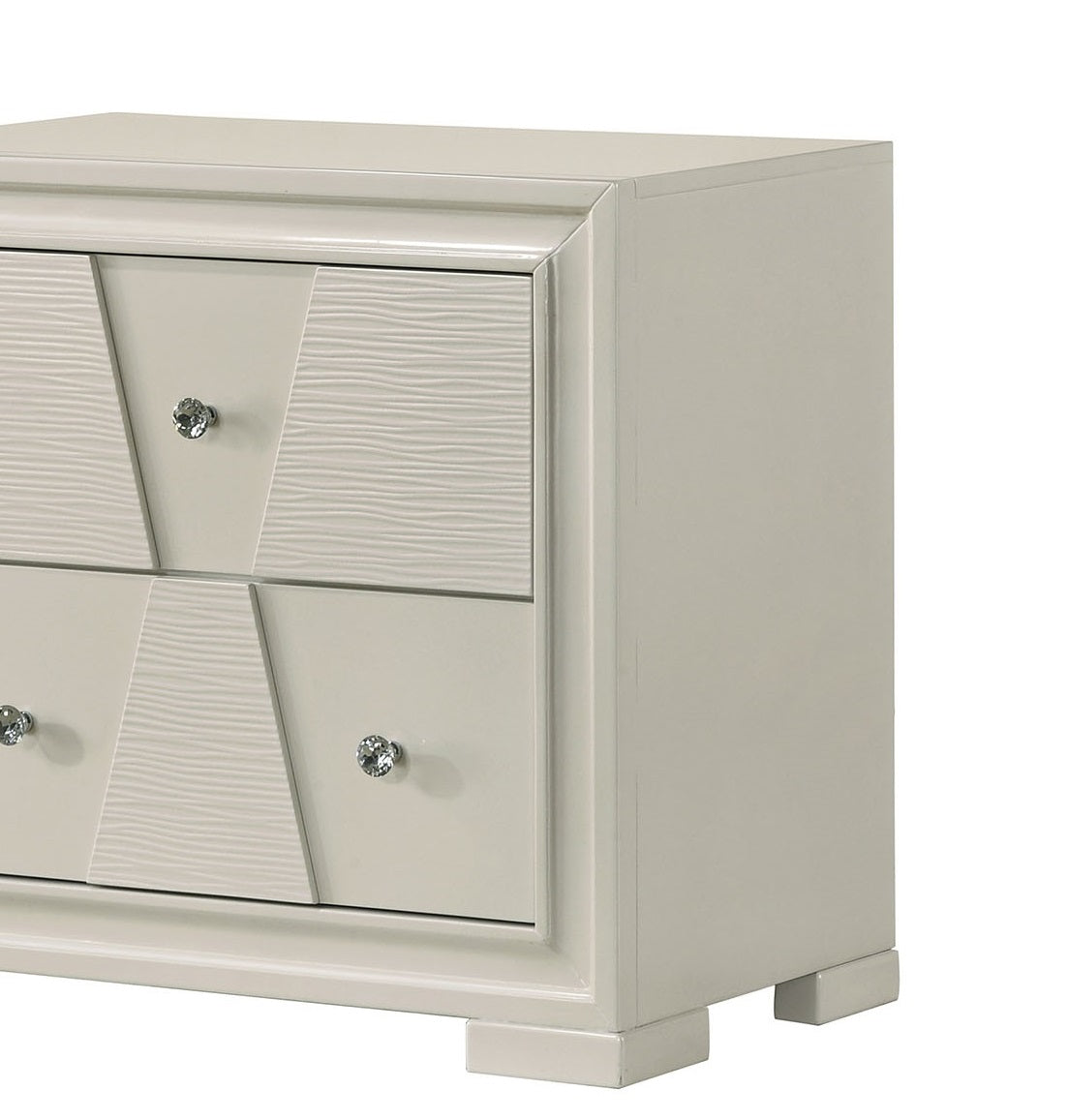 Textured Trapezoid Front Panels Nightstand English Dovetail Drawers Round Knobs Central Metal Glide White Finish Bedroom Furniture