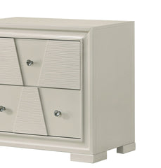 Textured Trapezoid Front Panels Nightstand English Dovetail Drawers Round Knobs Central Metal Glide White Finish Bedroom Furniture