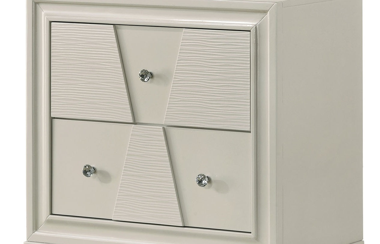 Textured Trapezoid Front Panels Nightstand English Dovetail Drawers Round Knobs Central Metal Glide White Finish Bedroom Furniture