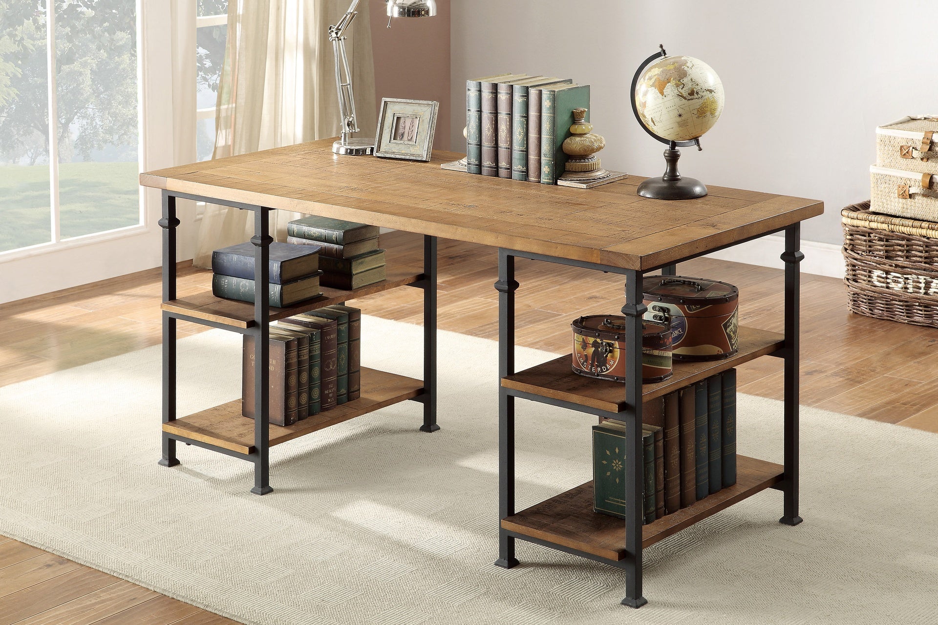 Vintage Industrial 1pc Writing Desk with 4 Open Shelves Rustic Poplar Finish Solid Wood and Metal Furniture Modern Design Office Table