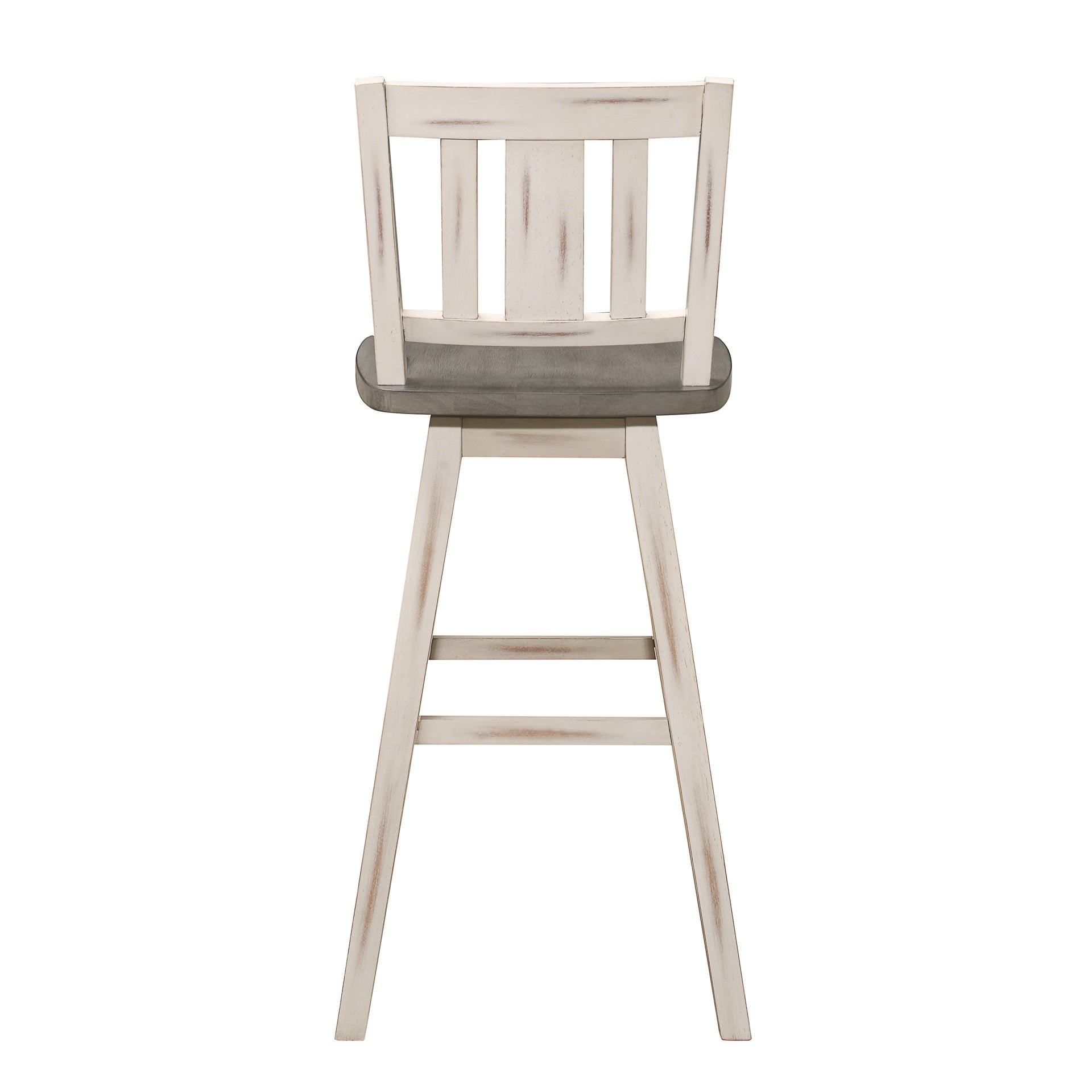 Pub Height Chairs Set of 2, Distressed Gray and White 360-degree Swivel Chair Solid Rubberwood Furniture, Vertical Slat Back Bar Chairs