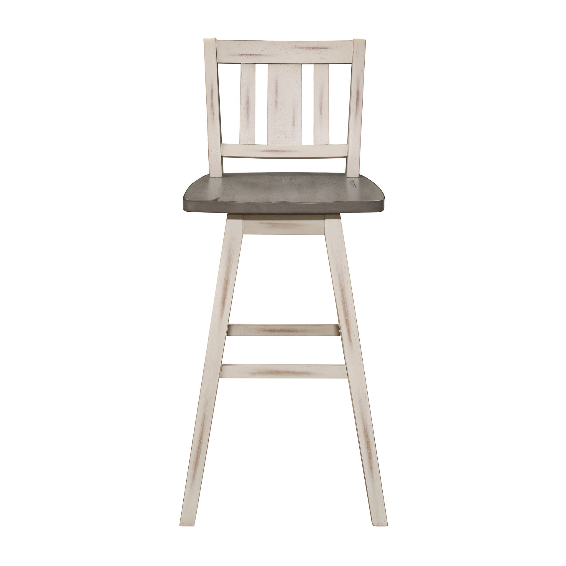 Pub Height Chairs Set of 2, Distressed Gray and White 360-degree Swivel Chair Solid Rubberwood Furniture, Vertical Slat Back Bar Chairs