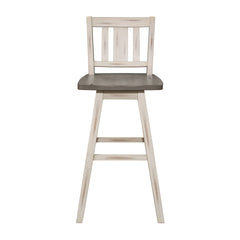 Pub Height Chairs Set of 2, Distressed Gray and White 360-degree Swivel Chair Solid Rubberwood Furniture, Vertical Slat Back Bar Chairs