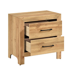 Natural Finish 2-Drawers Nightstand Storage Bedroom Furniture, Black Handles Bedside Table 1pc
