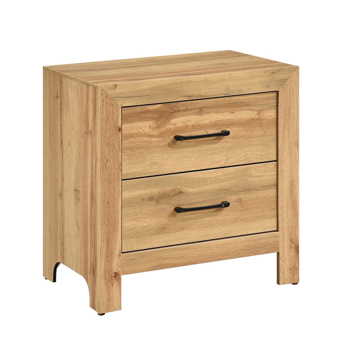 Natural Finish 2-Drawers Nightstand Storage Bedroom Furniture, Black Handles Bedside Table 1pc