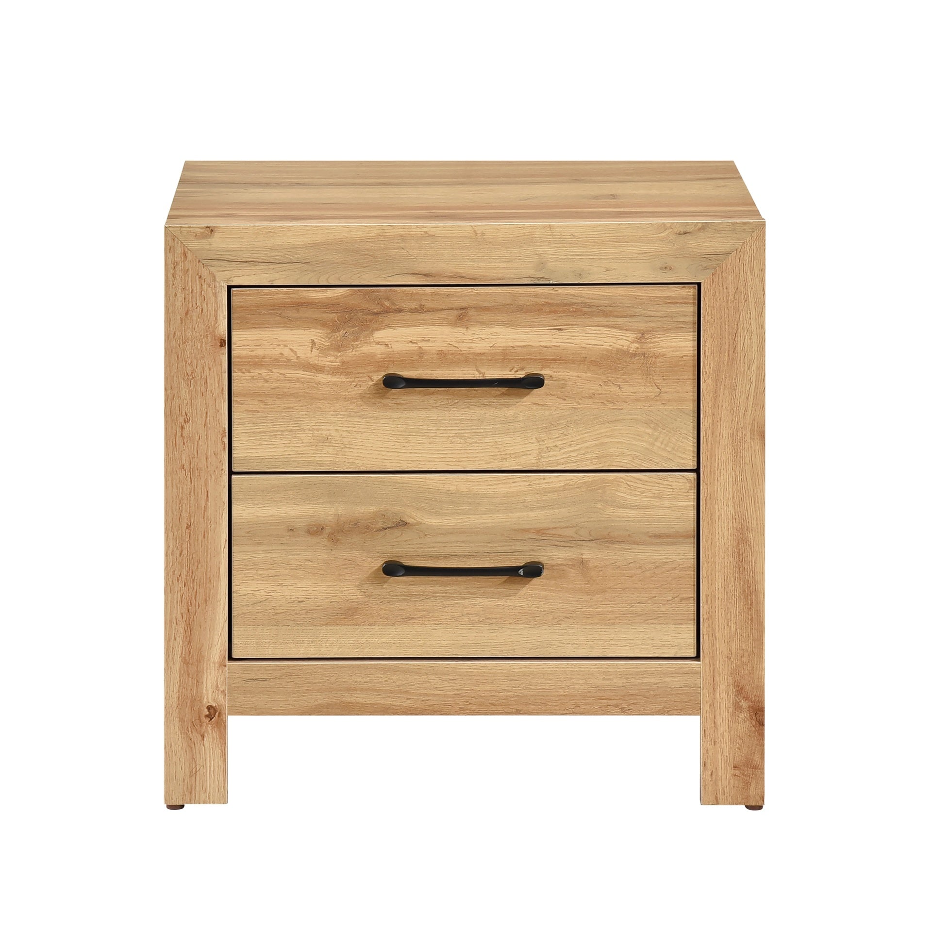 Natural Finish 2-Drawers Nightstand Storage Bedroom Furniture, Black Handles Bedside Table 1pc