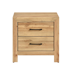 Natural Finish 2-Drawers Nightstand Storage Bedroom Furniture, Black Handles Bedside Table 1pc