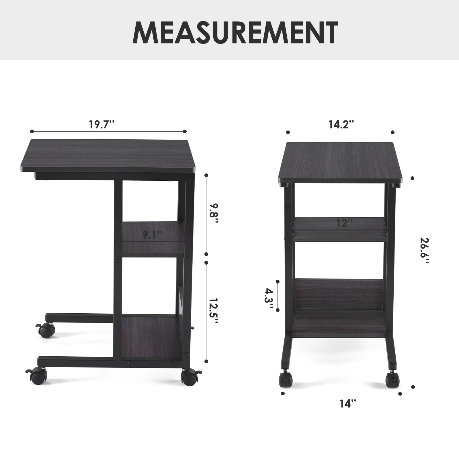 Shaped End Table with Lockable Wheels, Two-Tier Storage, Rolling Side Table for Sofa or Bedroom