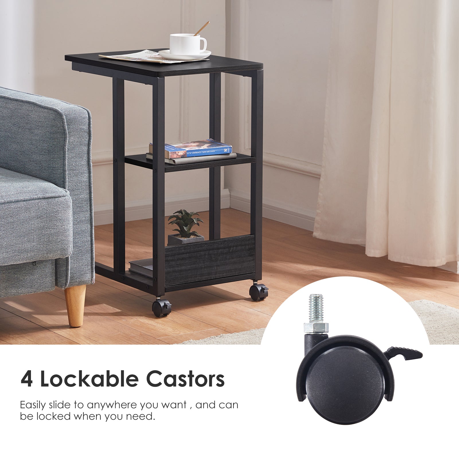 Shaped End Table with Lockable Wheels, Two-Tier Storage, Rolling Side Table for Sofa or Bedroom