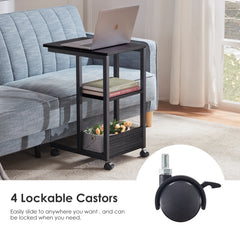 Shaped End Table with Lockable Wheels, Two-Tier Storage, Rolling Side Table for Sofa or Bedroom