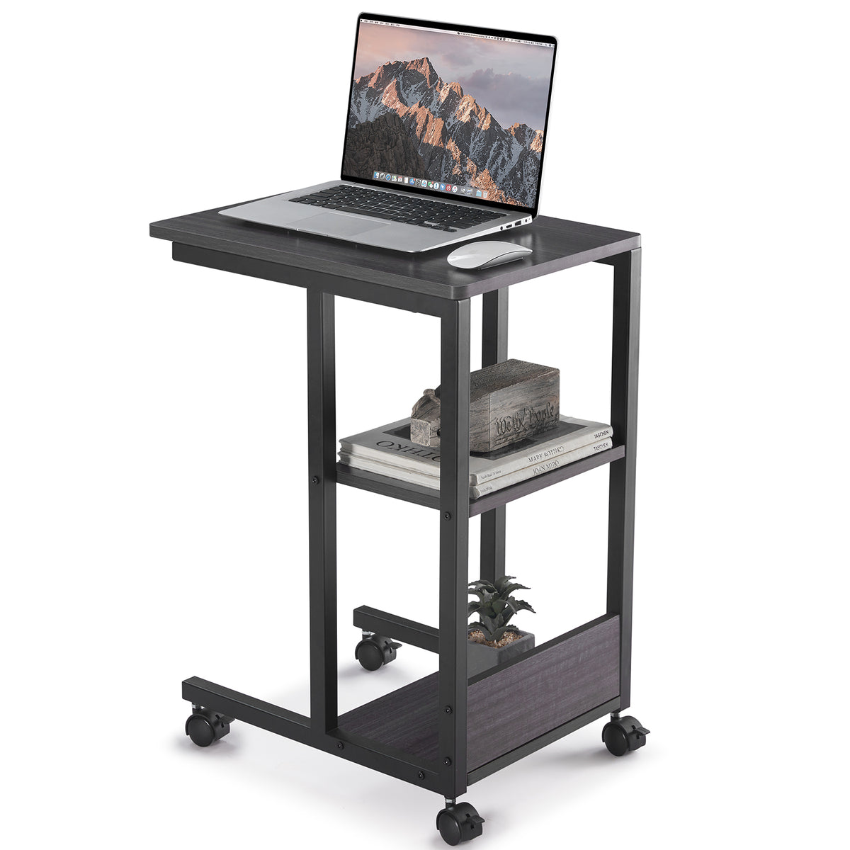 Shaped End Table with Lockable Wheels, Two-Tier Storage, Rolling Side Table for Sofa or Bedroom
