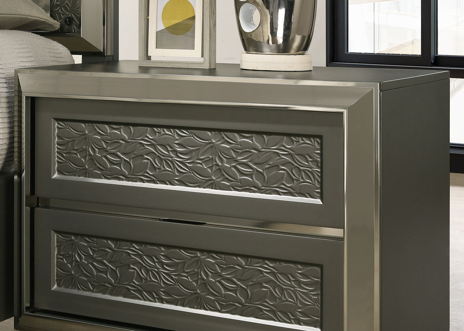 Contemporary Style 1pc Nightstand Leaf Pattern Molding Bracketed Feet Metal Side Glide Dark Gray Finish Bedroom Furniture