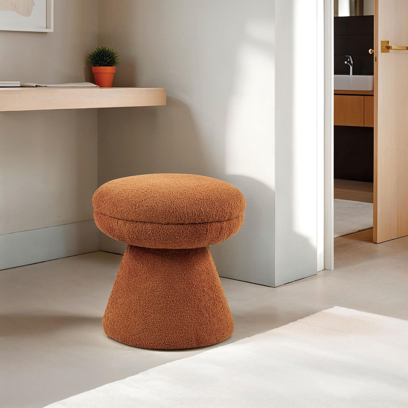 Contemporary 1pc Round Top Accent Stool Teddy Fabric Pedestal Base Mushroom Shape Design Saddle Brown Primary Living Room