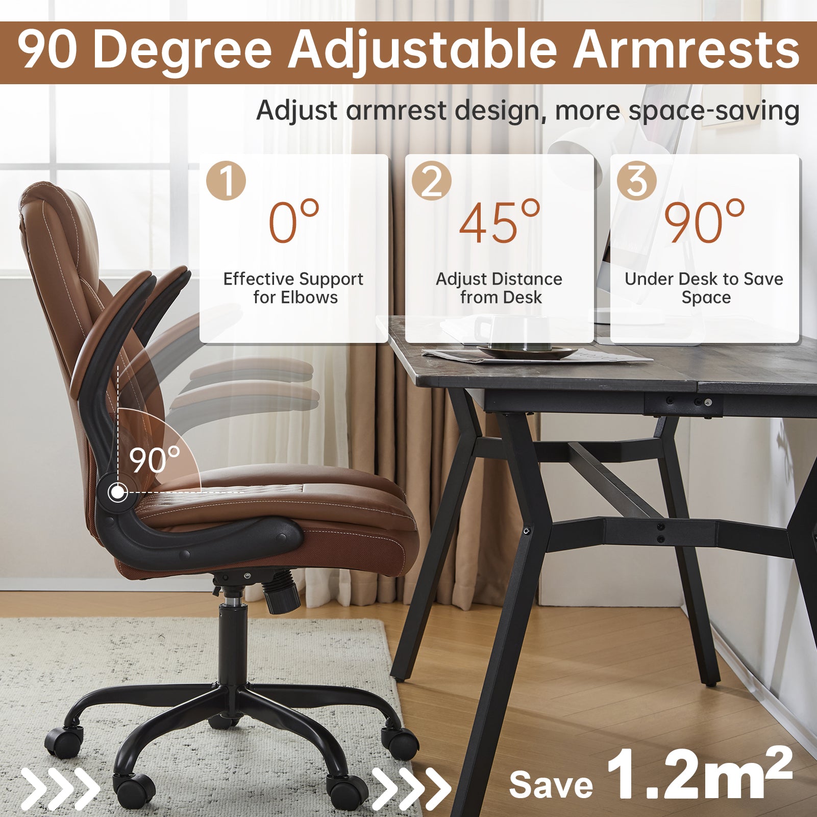 Leather Office Ergonomic Home Office Desk Chair, Back Support Swivel Executive Office Chair with Wheels and Flip-Up Armrests, Small Gaming Chair with Adjustable Rocking Function, Brown