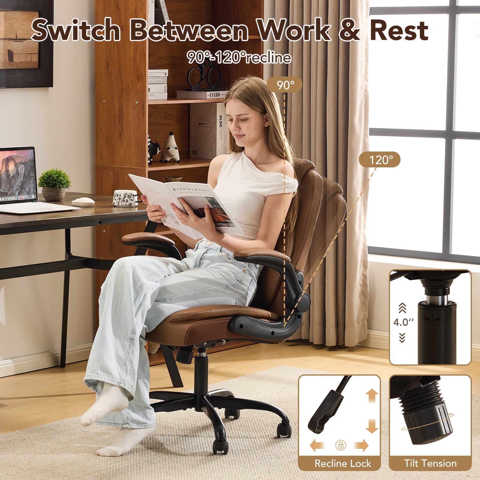 Leather Office Ergonomic Home Office Desk Chair, Back Support Swivel Executive Office Chair with Wheels and Flip-Up Armrests, Small Gaming Chair with Adjustable Rocking Function, Brown