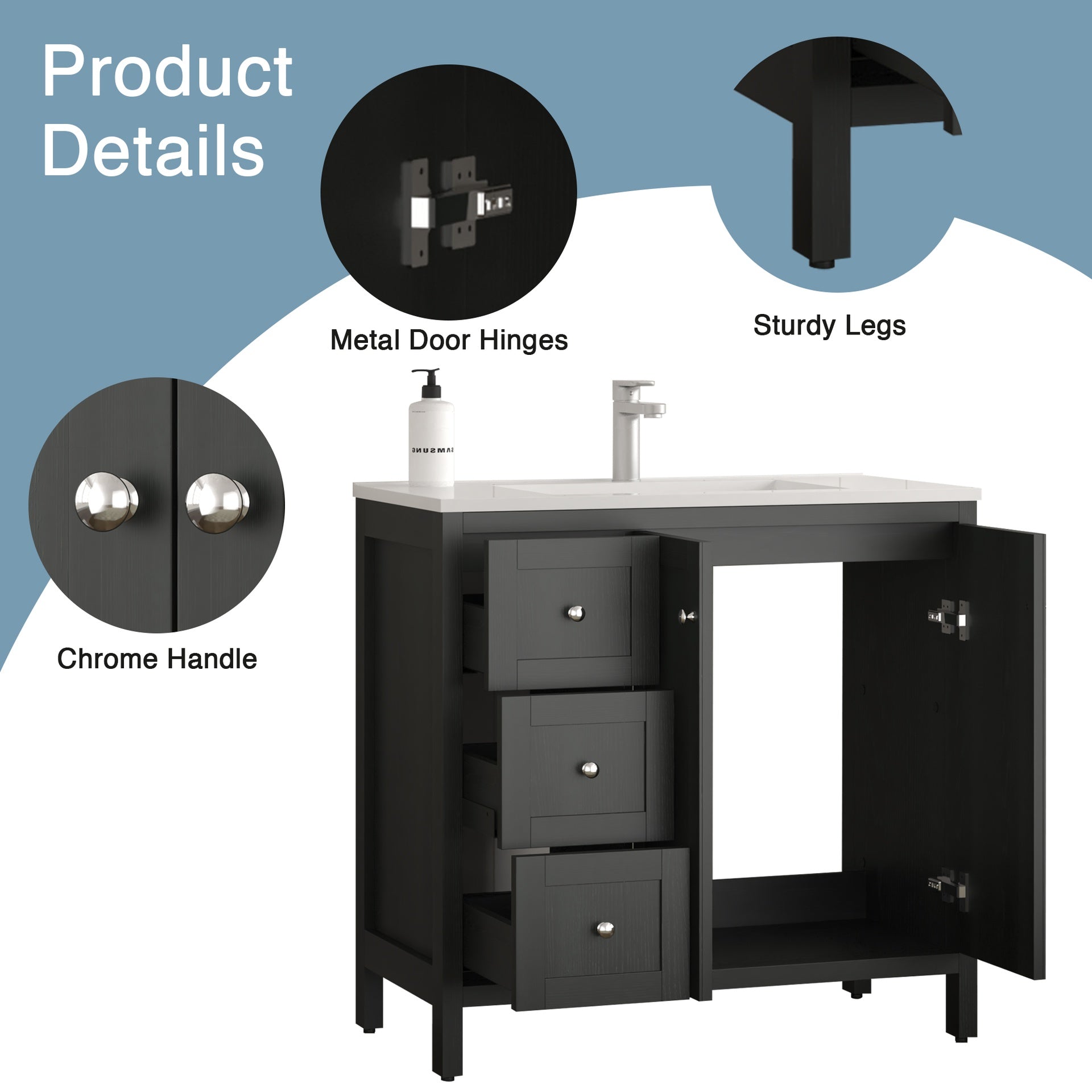 35.5" Bathroom Vanity , Modern Bathroom Cabinet with Basin, Bathroom Storage Cabinet with Soft Closing Doors and 3 Drawers, Munich Black