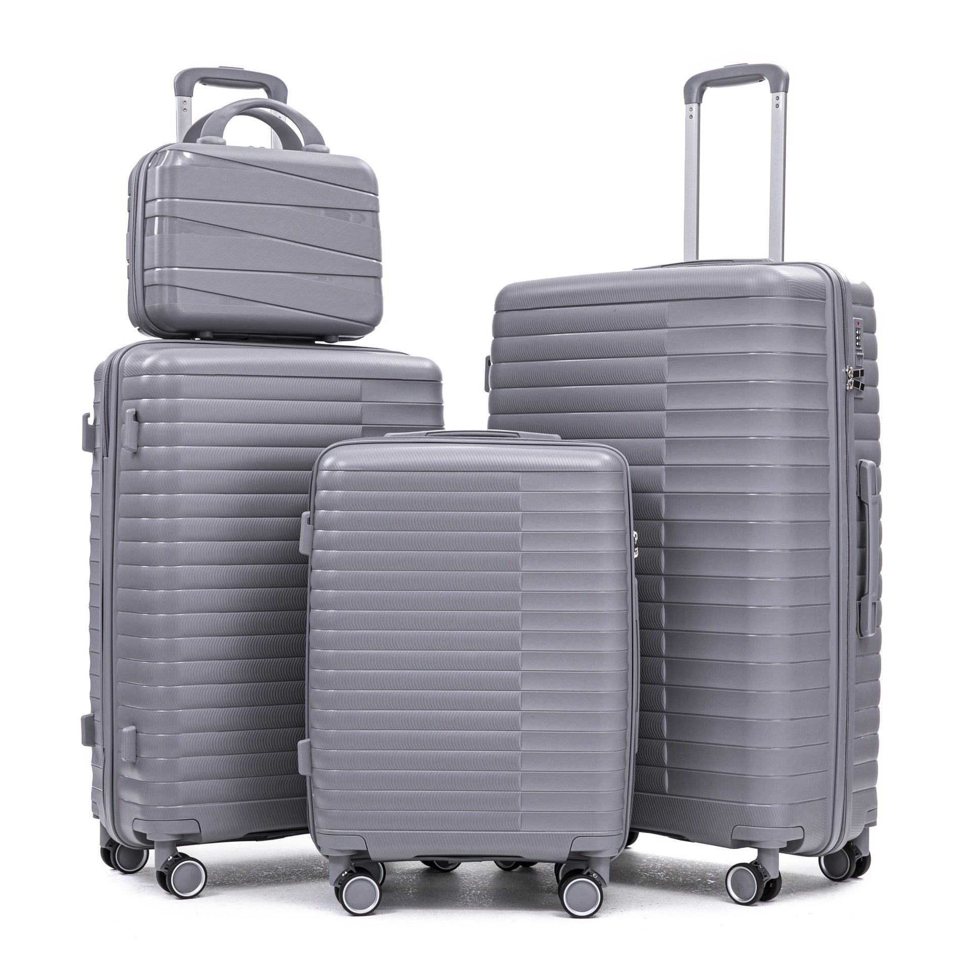 14"/20"/24"/28"  4 pcs/set in PP Spinner Wheel Luggage, Carry on Suitcase, Iron Pull Rod, Combination Password Lock, 14" Cosmetic Case (Light Gray)