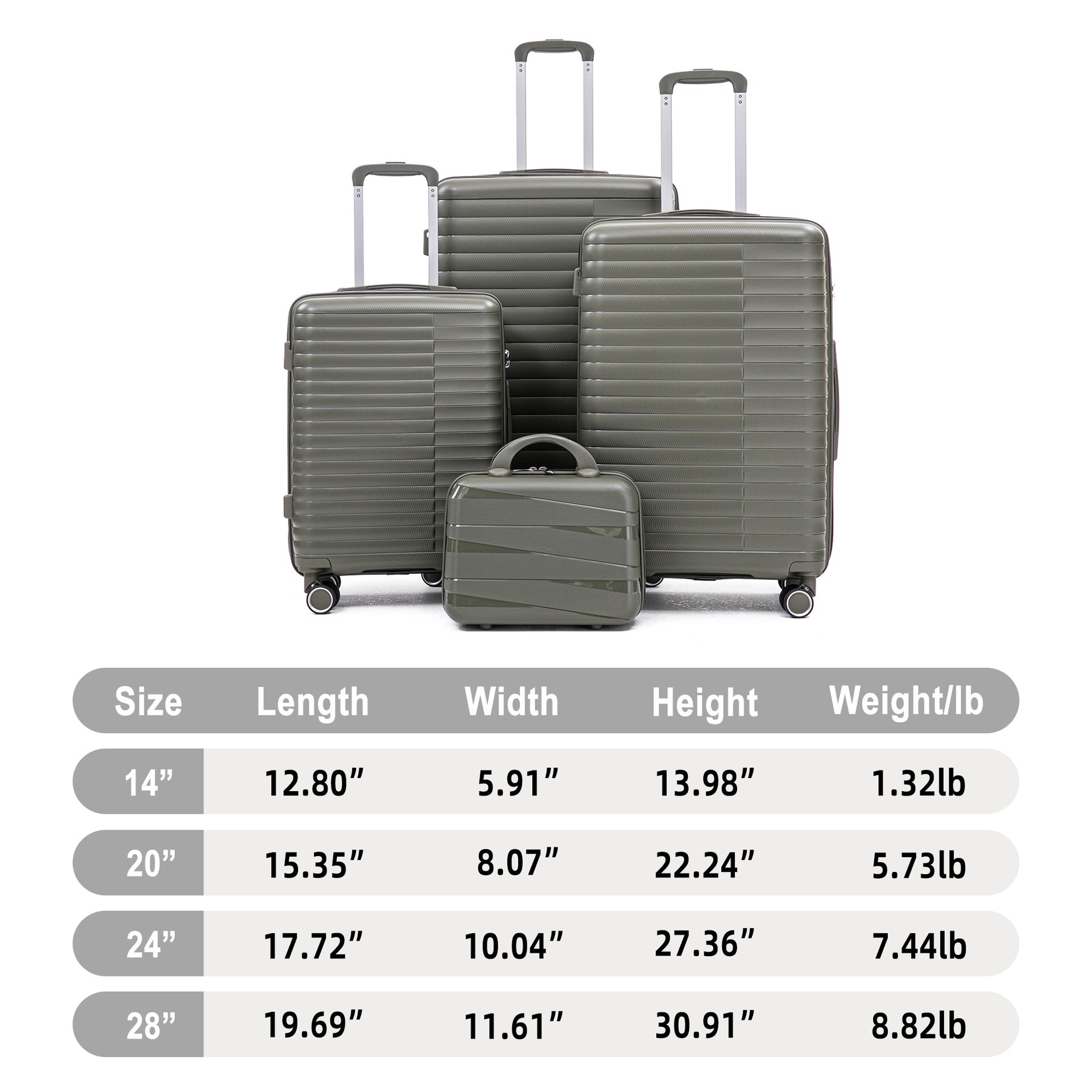 14"/20"/24"/28"  4 pcs/set in PP Spinner Wheel Luggage, Carry on Suitcase, Iron Pull Rod, Combination Password Lock, 14" Cosmetic Case (Green)