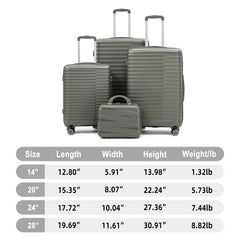 14"/20"/24"/28"  4 pcs/set in PP Spinner Wheel Luggage, Carry on Suitcase, Iron Pull Rod, Combination Password Lock, 14" Cosmetic Case (Green)