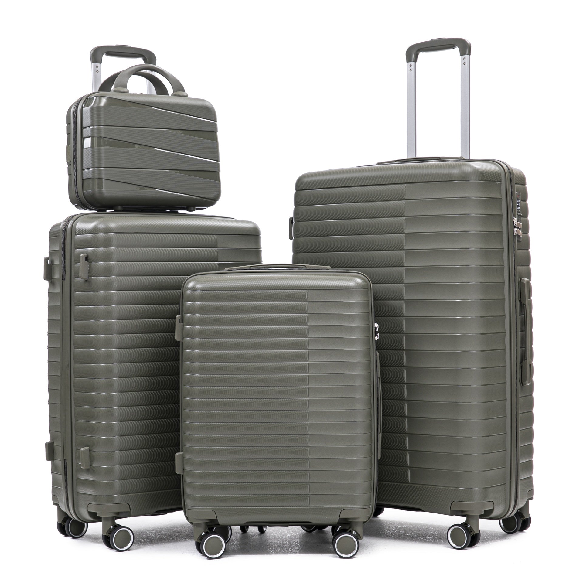14"/20"/24"/28"  4 pcs/set in PP Spinner Wheel Luggage, Carry on Suitcase, Iron Pull Rod, Combination Password Lock, 14" Cosmetic Case (Green)