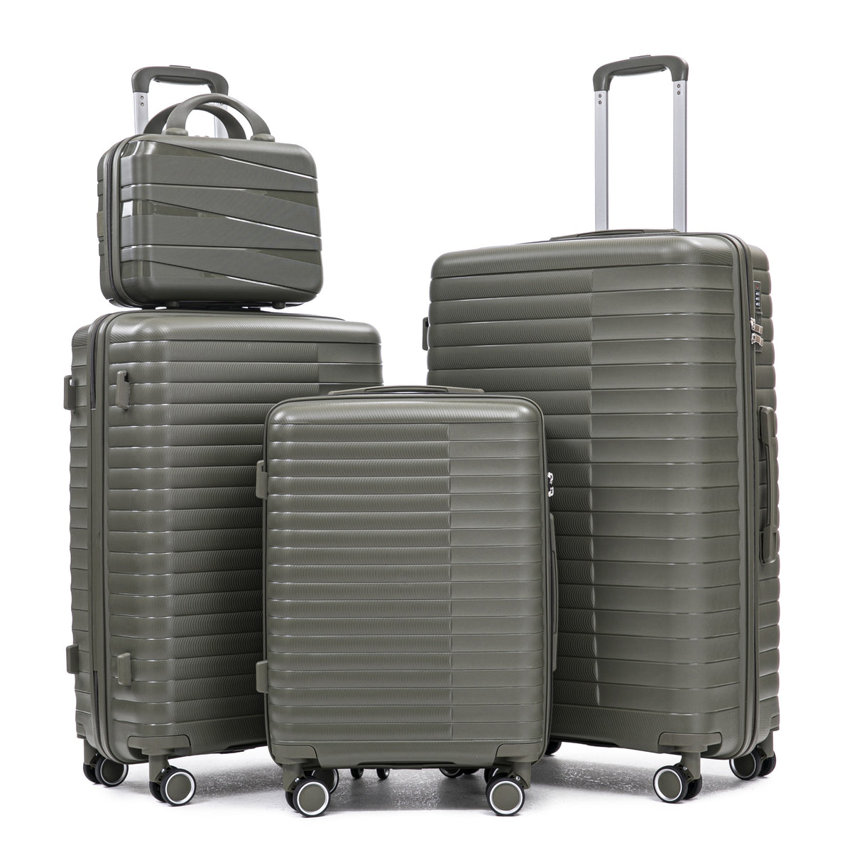 14"/20"/24"/28"  4 pcs/set in PP Spinner Wheel Luggage, Carry on Suitcase, Iron Pull Rod, Combination Password Lock, 14" Cosmetic Case (Green)