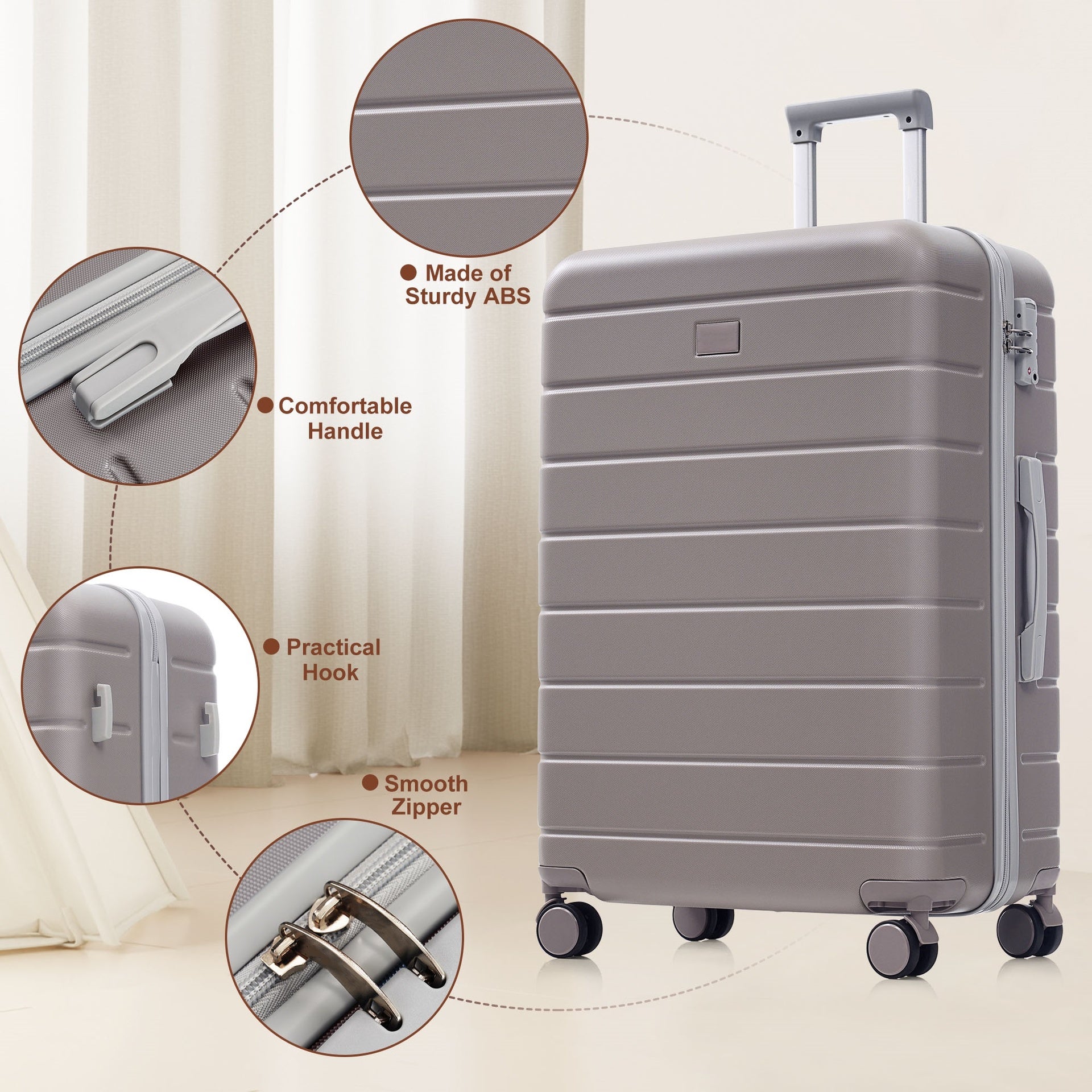 Premium ABS Travel Luggage Set , 3-Piece TSA Lock Suitcase Ensemble with 20, 24, and 28 Inch Sizes with 360° Spinner Wheels, brown