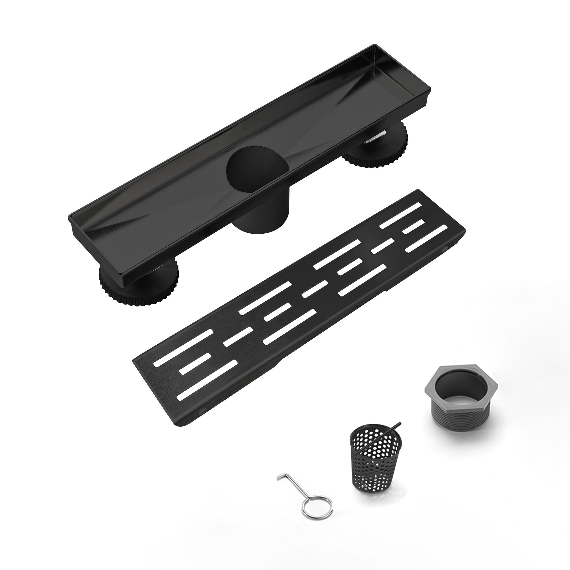 12 Inch Linear Shower Drain with Removable Brick Patterned Grate Cover, 304 Stainless Steel Shower Floor Drain with Hair Strainer and Leveling Feet