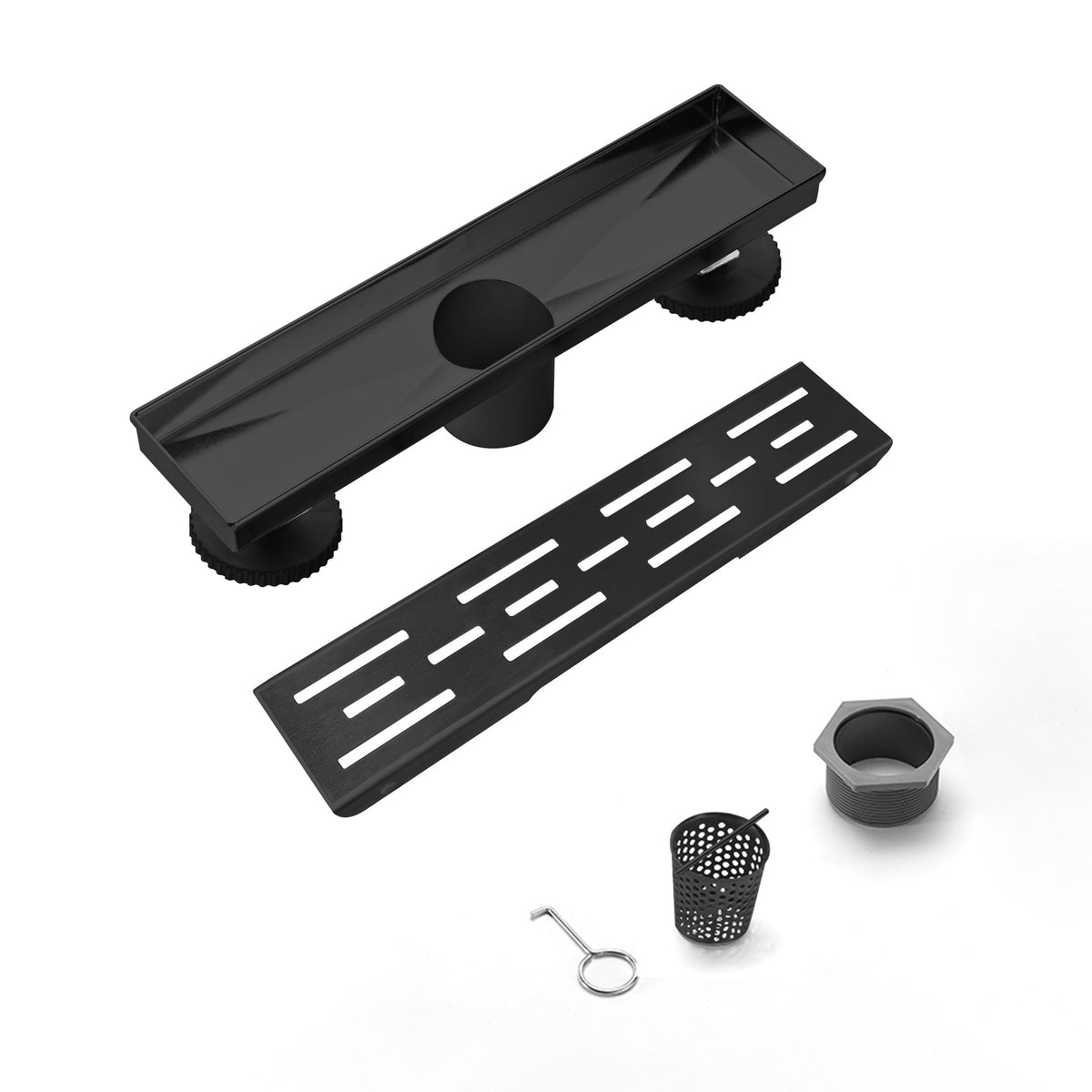 12 Inch Linear Shower Drain with Removable Brick Patterned Grate Cover, 304 Stainless Steel Shower Floor Drain with Hair Strainer and Leveling Feet