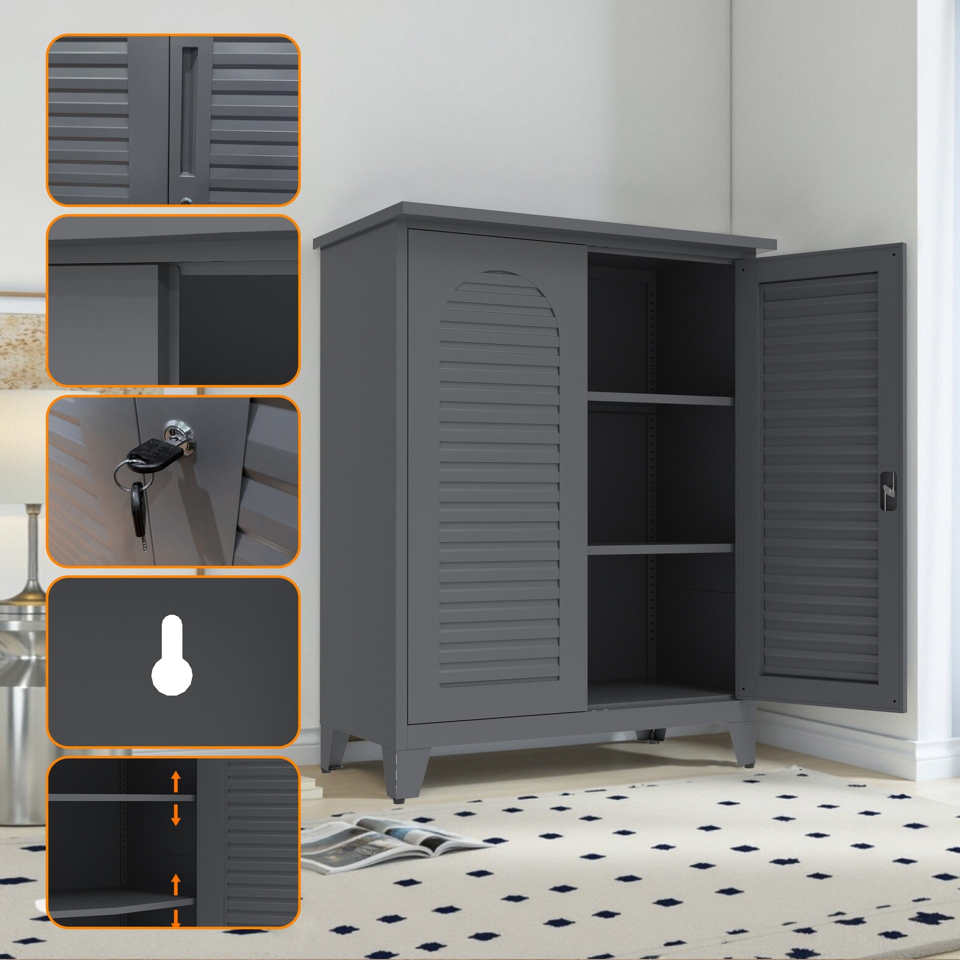 47'' Tall Metal Tool Storage Cabinet, with Ample Storage Space for Garage,Warehouse,Garden,Office, Living Room,Bathroom,Utility Room ( Slate )