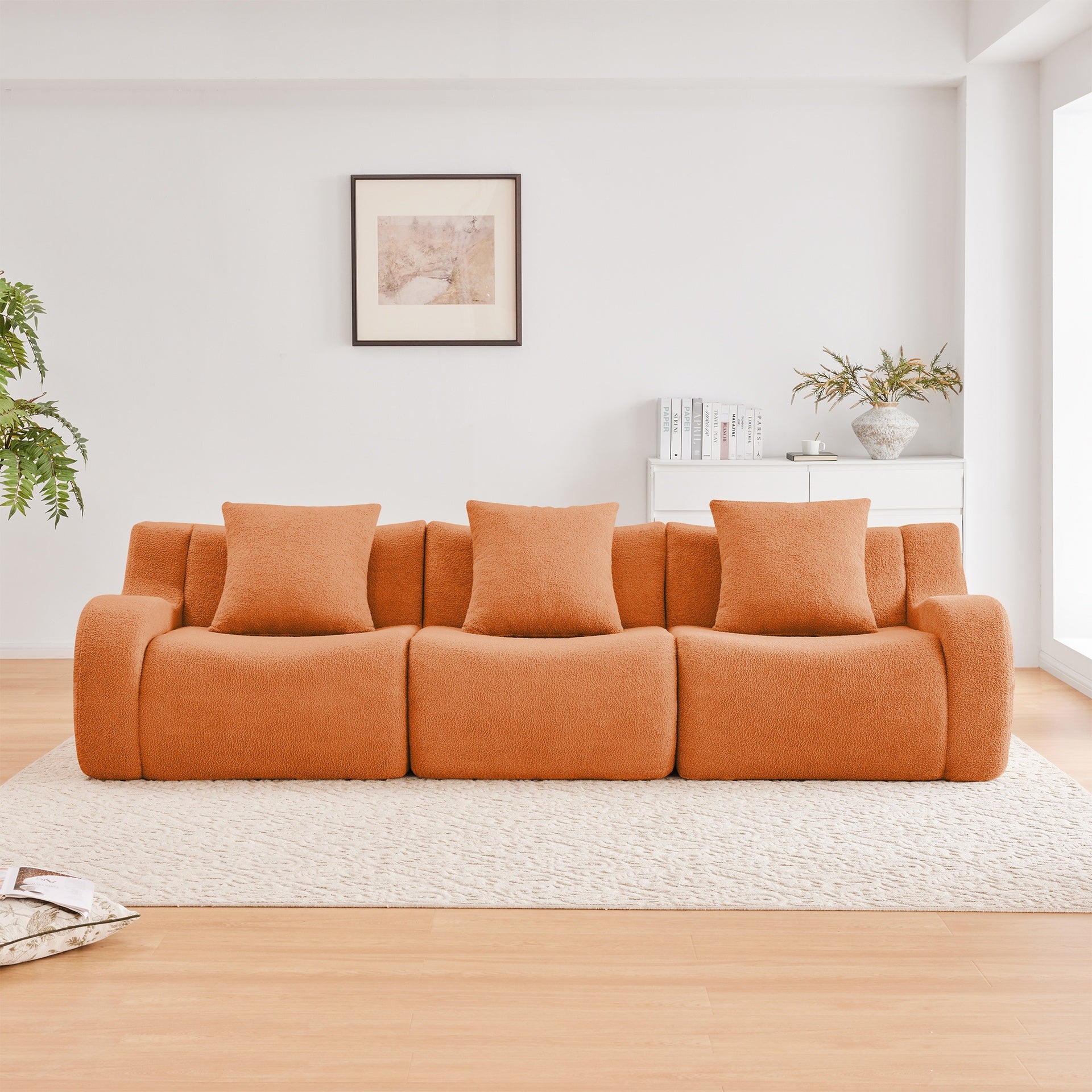 Boneless Sofa,3 Seat High-Quality Teddy Fabric,Anti-Slip Design,No Assembly Curved Armrests  Streamlined,32D High Density Sponge For Living Rooms Bedrooms Reading Nook,Orange
