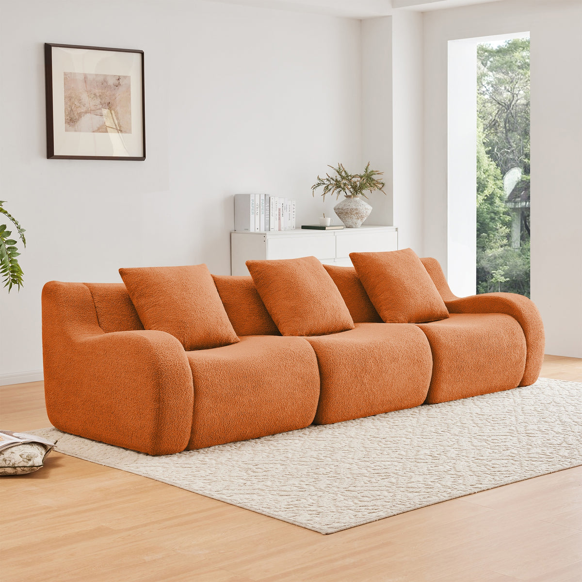 Boneless Sofa,3 Seat High-Quality Teddy Fabric,Anti-Slip Design,No Assembly Curved Armrests  Streamlined,32D High Density Sponge For Living Rooms Bedrooms Reading Nook,Orange