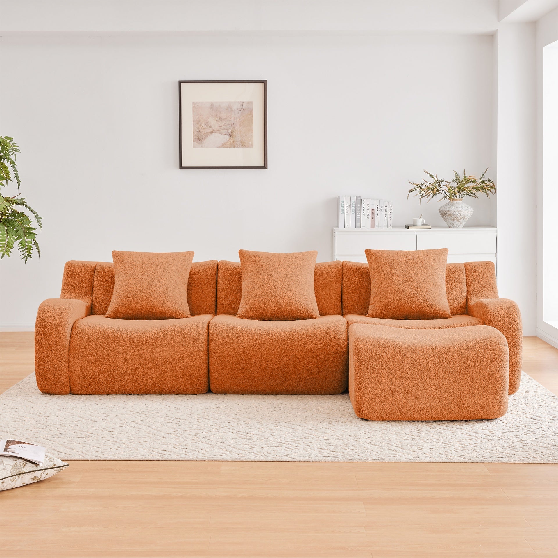 Boneless Sofa,3 Seat High-Quality Teddy Fabric,Anti-Slip Design,No Assembly Curved Armrests Streamlined Design,Assembly Chaise 32D High Density Sponge For Living Rooms Bedrooms,Orange